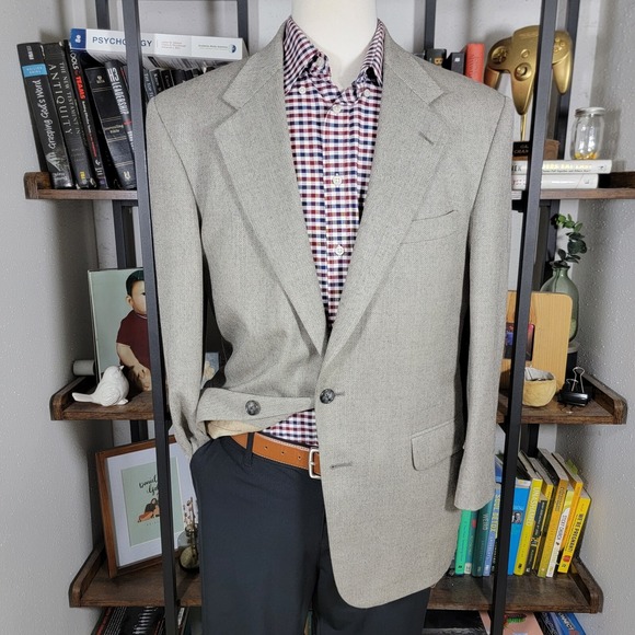 Lands End Men's Sport Coat Blazer Two Button Herringbone Beige‎ Wool Size 41R